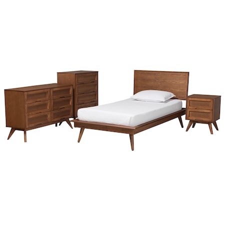 Baxton Studio Melora Mid-Century Modern Walnut Brown Finished Wood and Rattan Twin Size 4-Piece Bedroom Set 241-11178-11179-11298-11299-11300-ZORO